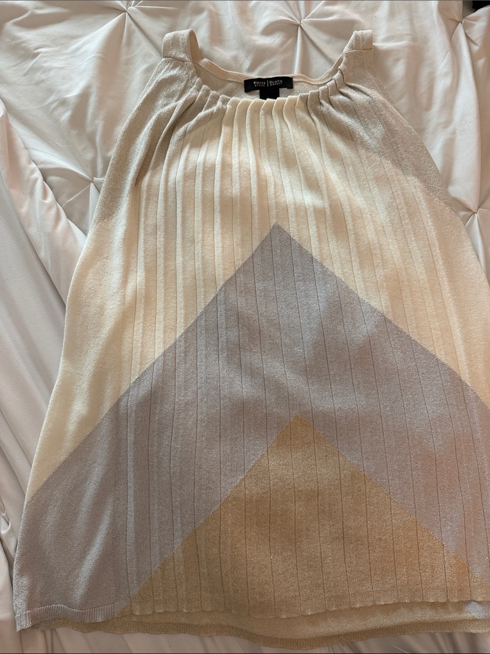 White House Black Market Cream, Silver & Gold Chevron Pleated Tank